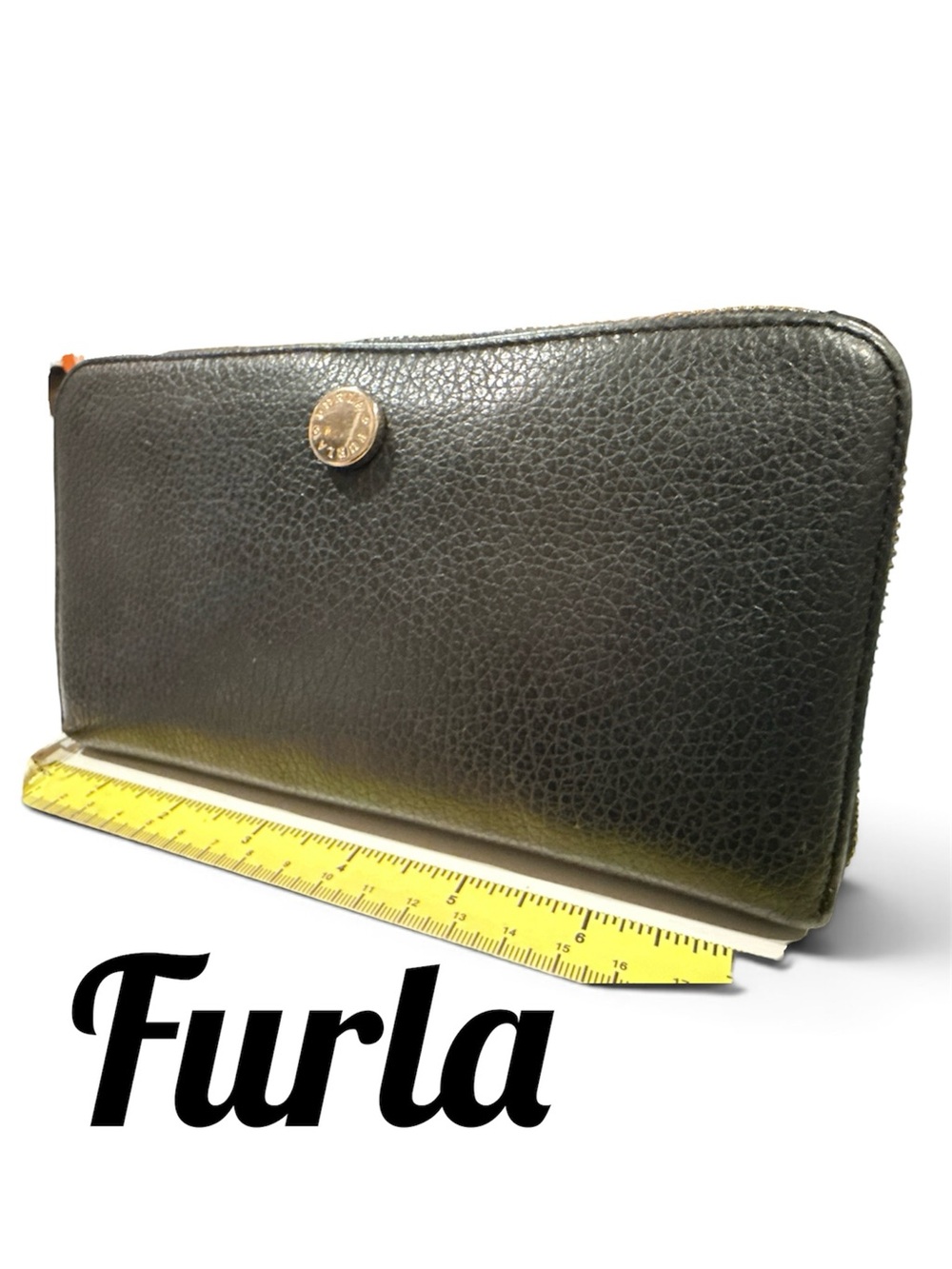 Furla Black Pebbled Leather Zip Wallet with Branded Logo on Hardware 7.5”x 4”